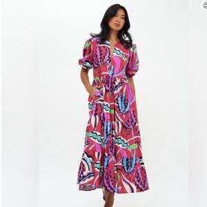 Oliphant Puff Sleeve Maxi Dress Fergana Rhubarb Abstract Size medium